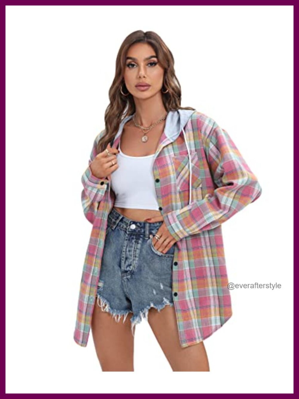 Plaid Flannel Hoodie Shirt Jacket Oversized Button Down Long Sleeve Cotton Top